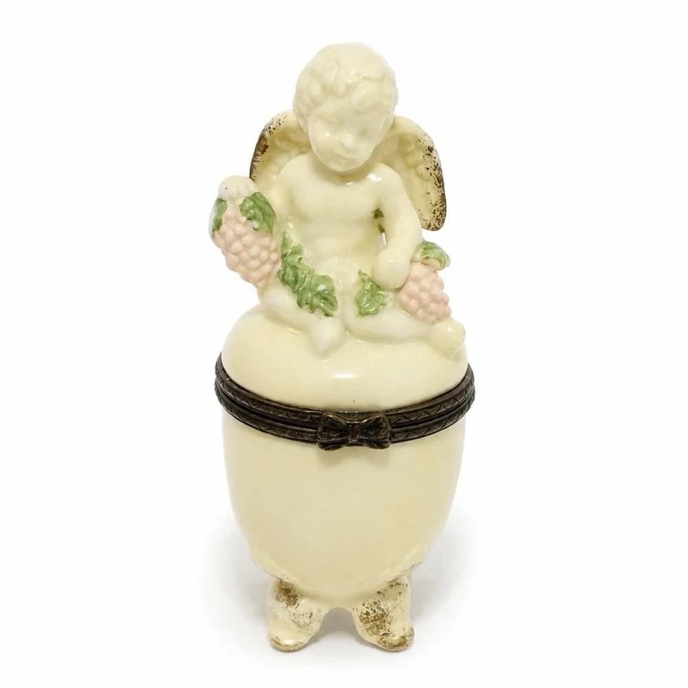 Vintage Midwest of Cannon Falls Cherub Grapes Porcelain Hinged Trinket Box 4